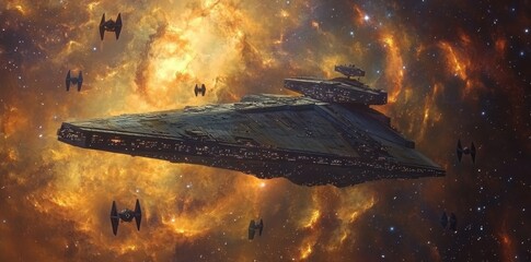 Imperial Star Destroyer Escorted By Tie Fighters In Nebula