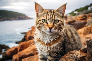 Obraz premium Portrait of a funny australian mist cat isolated on rocky shoreline background