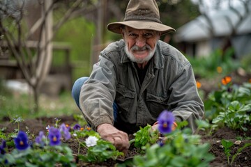 Elderly gardener tending to vibrant flowers in outdoor garden. Gardening inspires patience and nurtures sustainable living.