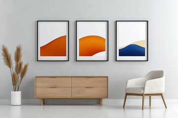 Fototapeta premium Modern Scandinavian Living Room with Armchair, Wooden Dresser, and Frames Against Grey Stucco Wall