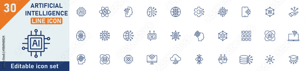 Fototapete artificial intelligence line icon set. set of 30 outline icons related to ai, virtual assistant, gen
