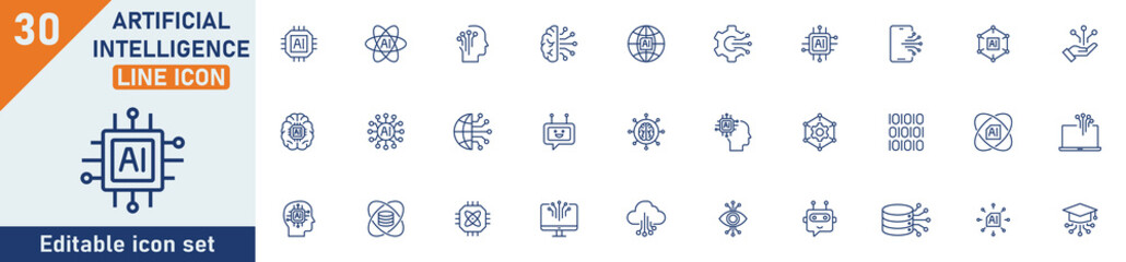 Artificial intelligence line icon set. Set of 30 outline icons related to AI, virtual assistant, generative AI, robotic, data science and others. Editable stroke. Vector illustration.