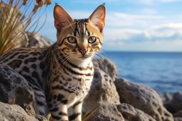 Obraz premium Portrait of a funny savannah cat in front of rocky shoreline background