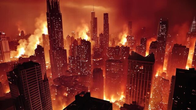 Urban fire engulfs city skyline at night leaving chaos and destruction in its wake