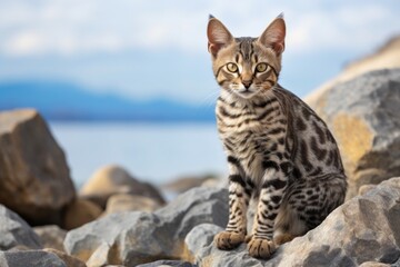 Obraz premium Portrait of a funny savannah cat in rocky shoreline background