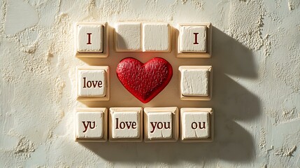 A charming Valentineâ€™s Day photo featuring wooden blocks with "I love you" and a red heart, placed on a soft light background, perfect for adding custom text