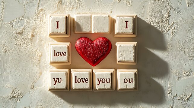 A charming Valentineâ€™s Day photo featuring wooden blocks with "I love you" and a red heart, placed on a soft light background, perfect for adding custom text