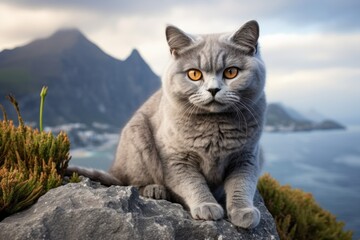 Obraz premium Portrait of a smiling chartreux cat in dramatic coastal cliff background