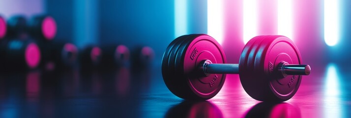 Fototapeta na wymiar Black barbell with weights lying on gym floor reflecting neon pink and blue lights with other weights blurred in background