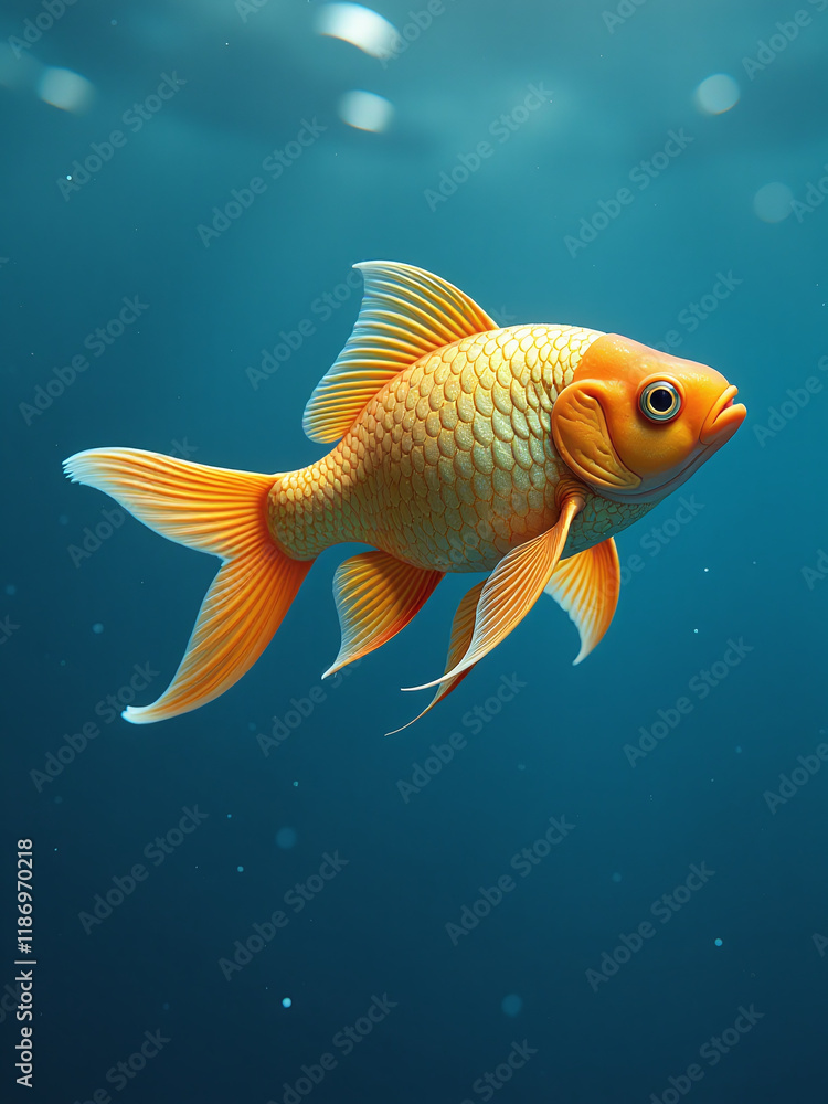 Poster a golden fish swims in a blue background providing ample copy space for creative design concepts. 00
