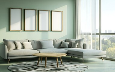 Modern sectional sofa in sunlit apartment living room with city view, ideal for interior design websites