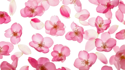 A serene cherry blossom floral pattern with flowers and floating petals, isolated on a transparent background; PNG format