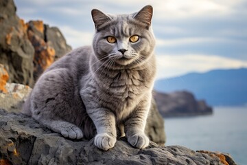 Obraz premium Portrait of a smiling chartreux cat in dramatic coastal cliff background