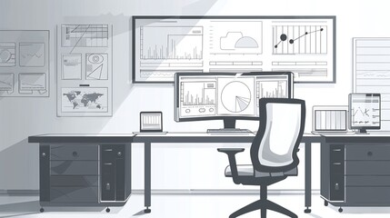Fototapeta premium A modern minimalist workspace featuring multiple computer monitors displaying various analytical graphs charts and infographics