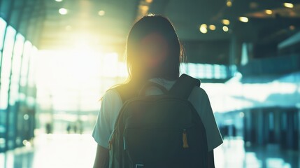 Young woman with backpack at airport terminal, looking at plane with sunlight flare, spacious terminal, ideal for travel-related content.