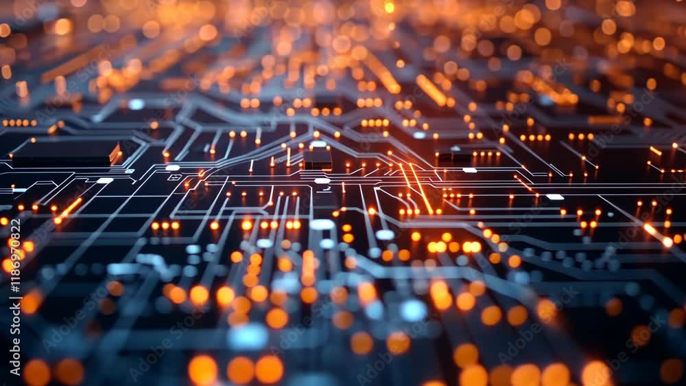 Poster exploring intricate circuitry patterns with glowing lights and vibrant colors at a technological exh
