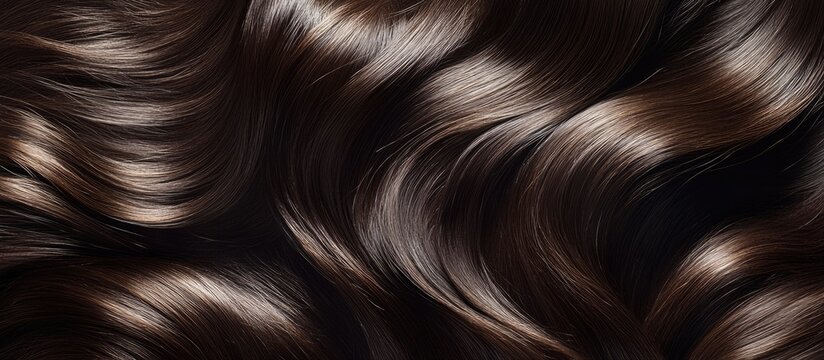 Close-up of shiny, wavy brunette hair texture with deep brown tones on a dark background, featuring ample negative space for text overlay.