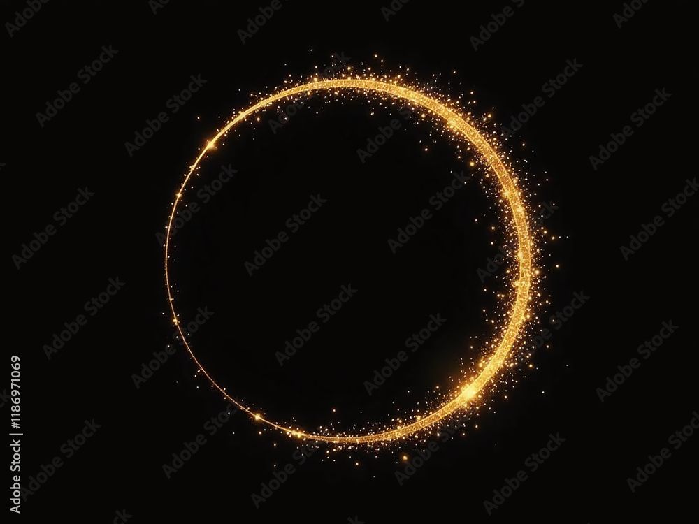Poster a gold oval circle glitters against a plain black background with an empty space surrounding it. 000