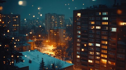 Winter night cityscape with illuminated buildings and falling snowflakes. Cozy urban environment showcasing festive atmosphere in residential area.