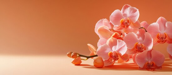 Obraz na płótnie Canvas Warm-toned floral arrangement featuring pink orchids against a soft orange background with ample blank space for text overlay.