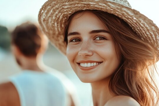 Young woman smiling in a straw hat, looking at a couple outdoors during summer, background includes blurred dating couple, ample copyspace for text.