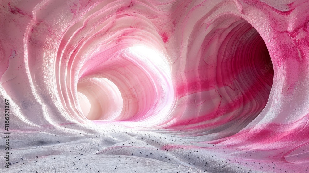 Poster exploration of a white and pink space-time tunnel revealing chaotic formations and intricate pattern