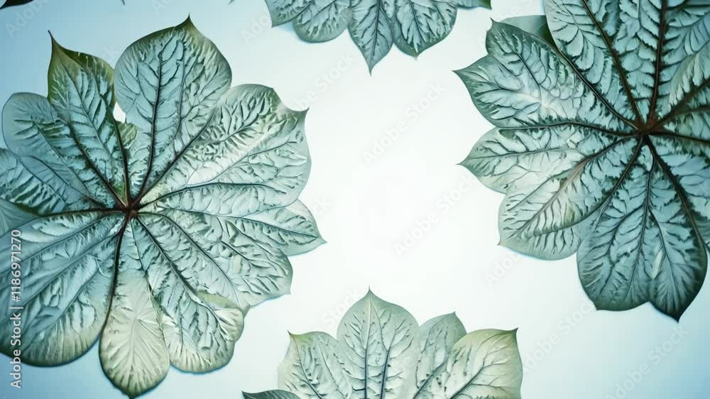 Poster overhead dolly video of several leaves creating a pattern in the high key lighting, highlights how t