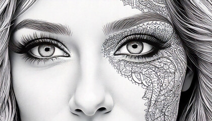 Fototapeta premium Glamorous Makeup; A close-up of a woman's face with detailed makeup, including eyeshadow, lipstick, and mascara, allowing adults to explore their creativity with this coloring book page 