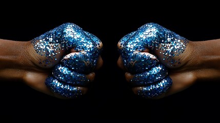 Studio photograph of two fists designed with shimmering blue iridescent diamonds back of the hand view moody overhead lighting on black background