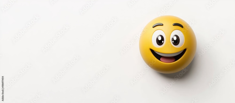 Poster smiling yellow emoji on a plain white background with ample empty space for text and a cheerful expr