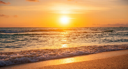 Fototapeta premium Tropical Tranquility: Closeup of Sea Sand and Panoramic Beach View