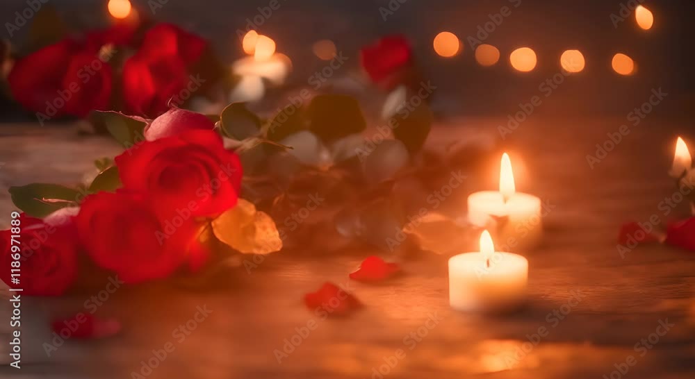 Poster the warm glow of candlelight complements red roses on a wooden surface with a soft bokeh backdrop cr