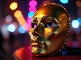 A Gold Carnival Mask Sits In Front Of A Vibrant Background With Colorful Lights Reflecting Off Its Shiny Surface At Night. 00002