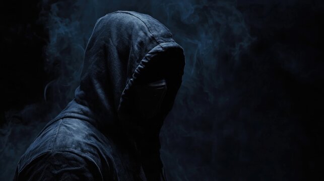 Dark silhouette of a person in a black hoodie and balaclava holding a gun, set in a smoky environment with ample empty space for text.
