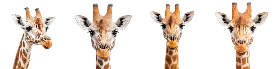 Fototapeta premium Four Distinct Giraffe Headshots Showcasing Unique Expressions and Patterns