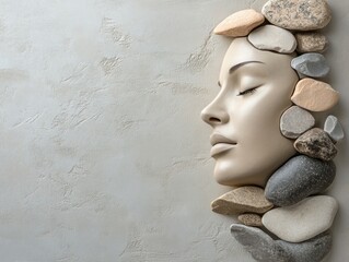 Stone therapy facial outline with smooth stones, neutral wall background, empty space for text, beauty spa concept with relaxation imagery.