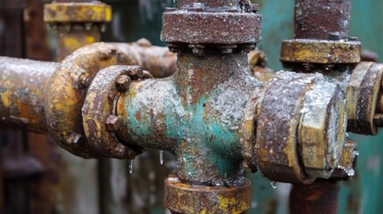 Close up of corroded and frozen pipes leaking water droplets in a winter industrial setting, highlighting the effects of harsh weather conditions on manufacturing infrastructure