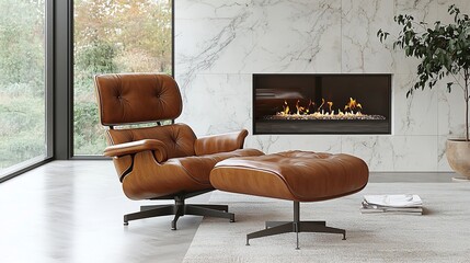 Leather armchair and ottoman by fireplace.