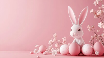 Obraz premium A pink background with small pastel background with easter eggs and small bunnies, creating an atmosphere of joy for Easter