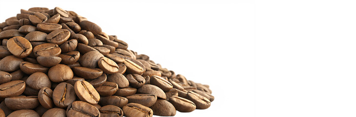 Obraz premium Roasted coffee beans heap on white surface for café menu design, coffee product packaging, or gourmet advertising and barista marketing visuals