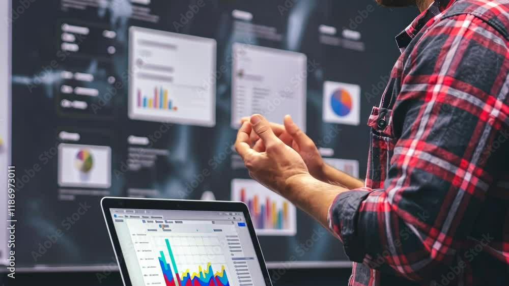 Poster data analyst presenting insights on trends in a modern office environment with digital displays