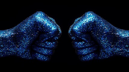 Studio photograph showing two fists constructed from shimmering blue iridescent diamonds back of the hand view moody overhead lighting on black background