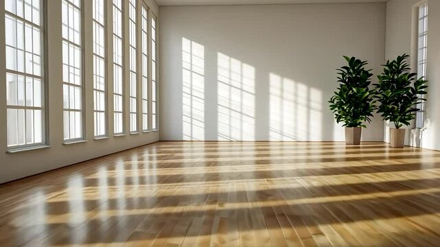 Spacious sunlit empty room with wooden flooring and potted plants, ideal for minimalist design concepts