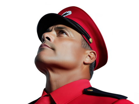 Proud Man in Red Uniform Cap Gazes Upward with Determination