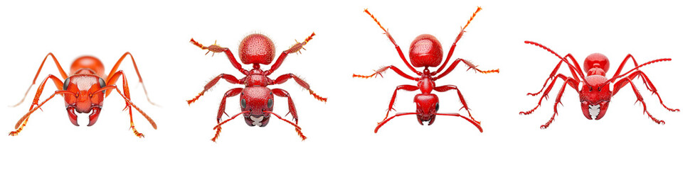 Detailed Illustration of Various Red Ant Species with Distinct Features and Poses
