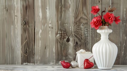 Valentine background. Gift box and Valentine hearts in white vase on wooden background. Lots of copyspace