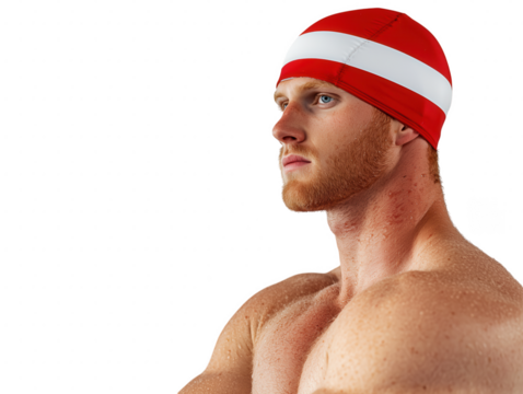 Confident Male Swimmer in Red Swim Cap Posing with Determination