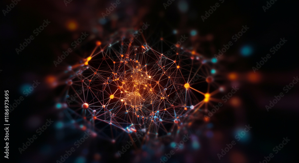 Poster network data connection visualization in digital technology with interconnected nodes