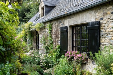 Nestled in a serene garden setting, this enchanting stone cottage is beautifully embellished with a vibrant array of blooming flowers and lush greenery, all under the warm embrace of a sunny day
