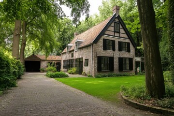 Nestled in a peaceful setting, this delightful brick house is encircled by vibrant greenery and features a picturesque, tree-lined driveway